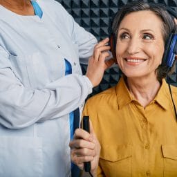 A woman getting a hearing test at an audiologist's office.