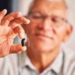 Man holding up a small hearing aid.