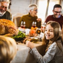 Happy family eating Thanksgiving dinner together